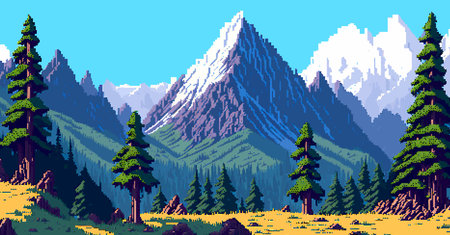 Landscape 8bit pixel art. Summer natural landscape mountain scenery arcade video game backgroundのイラスト素材