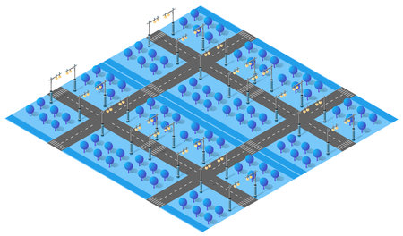 Isometric city map with many roads, trees and street lightsのイラスト素材