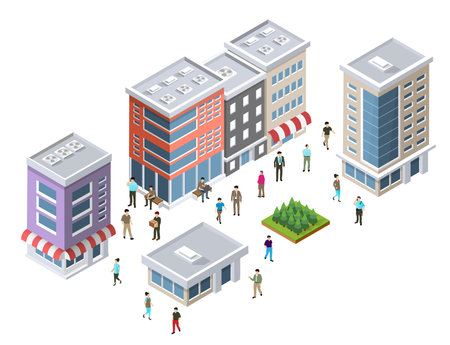 People walking and relaxing in a small isometric city centerのイラスト素材