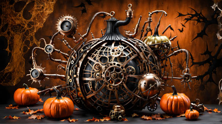 Halloween illustration of a group of carved pumpkins sitting in the snow glowing pumpkins under a tree. AI-generatedの素材