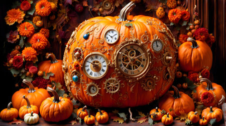 Halloween illustration of a group of carved pumpkins sitting in the snow glowing pumpkins under a tree. AI-generatedの素材