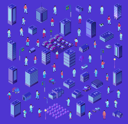 Isometric vector illustration representing people living in a city with skyscrapers, houses, cars, trees, and street lampsのイラスト素材