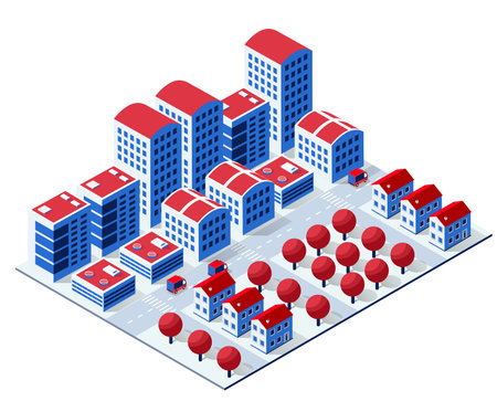 Isometric urban scene showing city architecture, residential houses, and commercial buildings with streets and treesのイラスト素材
