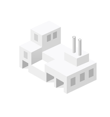 Minimalist isometric illustration of a factory building with chimneys, depicting industrial manufacturing and technological productionのイラスト素材