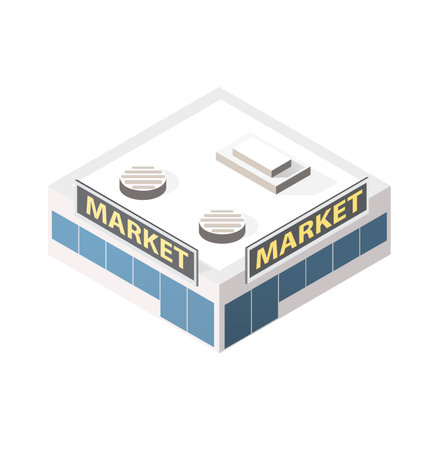 Market building with market signs, an isometric vector illustration showing a grocery or retail shopping destinationのイラスト素材
