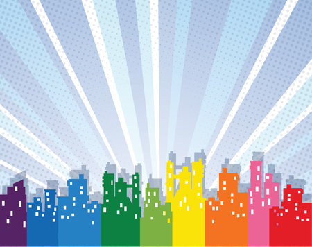Colorful urban cityscape creating a vibrant rainbow gradient under a radiating comic-style pop art skyのイラスト素材