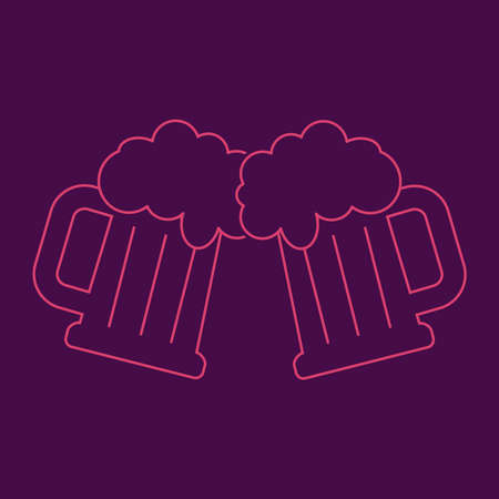 Neon beer glasses cheers with foam, clinking. Cool neon color on the purple background. Flat design vector illustration isolated.のイラスト素材