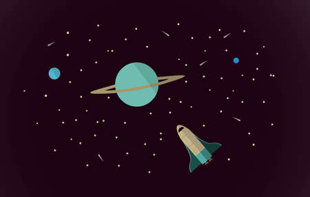 Vector flat space design background. Cute template with Spaceship, Rocket, Stars in Outer space