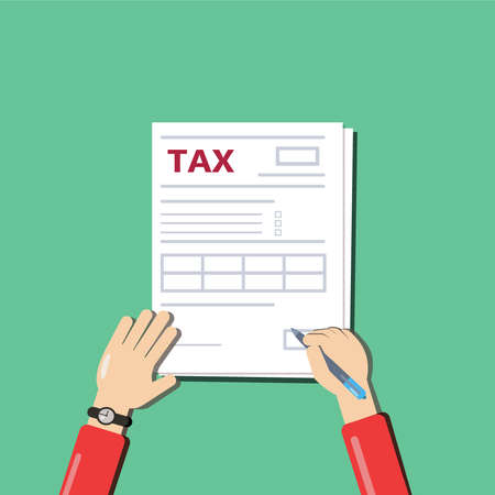 Man filling documents. Mens hands hold the pen and fill tax form. Top view. Modern flat design on the green background. Illustrationのイラスト素材