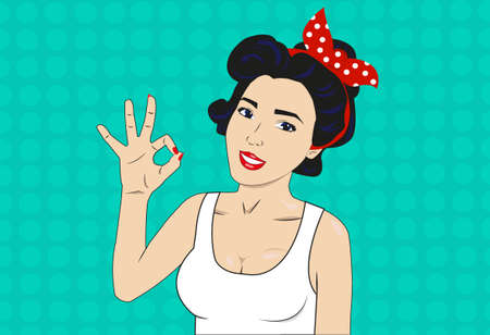 Pop Up girl is showing OK sign. Party invitation. Birthday greeting card. Cute pretty woman with a red headband. Vintage advertising poster. Vector illustrationのイラスト素材