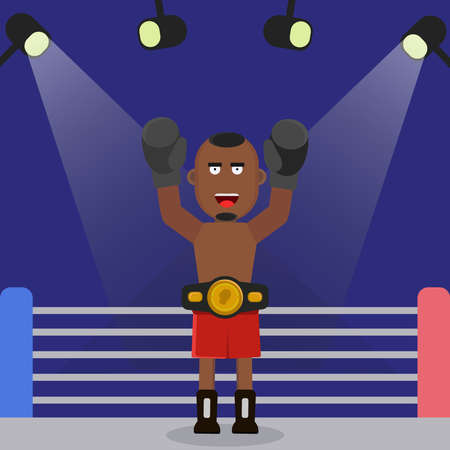 Boxer with Champion belt celebrating flawless victory. Boxer in red shorts with black gloves. Vector illustrationのイラスト素材