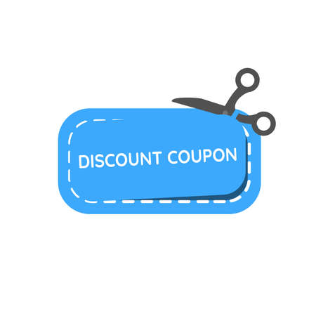 Discount coupon icon, flat vector illustration. Blue discount coupon with scissors on the isolated white backgroundのイラスト素材