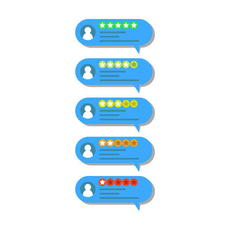Review rating bubble set. Concept of feedback. Rating stars, positive and negative comments in chat speeches bubble. Flat design. Vector Illustration.のイラスト素材