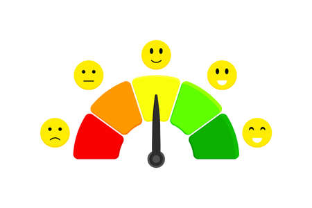 Customer satisfaction meter with different emotions. Different emoji with red, orange, yellow, green endicators. Vector illustration.のイラスト素材