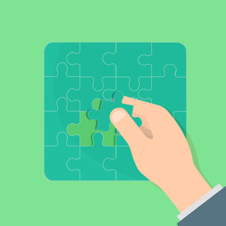 Completion mission concept with last puzzle. Businessman putting last puzzle in jigsaw. Business metaphor. Vector illustration flat design. Successful implementation of plan. Execute the plan.のイラスト素材