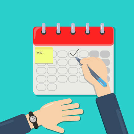 The man planning and scheduling his operations on the calendar. Drawing check mark with pen. Flat style illustrationのイラスト素材