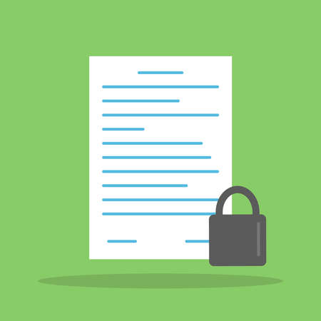 Document protection. Concept of information security. Picture of a lock on top of a paper document. Vector Illustrationのイラスト素材