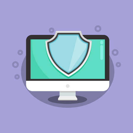 Data protection concept. Computer security concept. Shield icon on the computer screen. Flat design. Protect mechanism, system privacy. Vector illustrationのイラスト素材