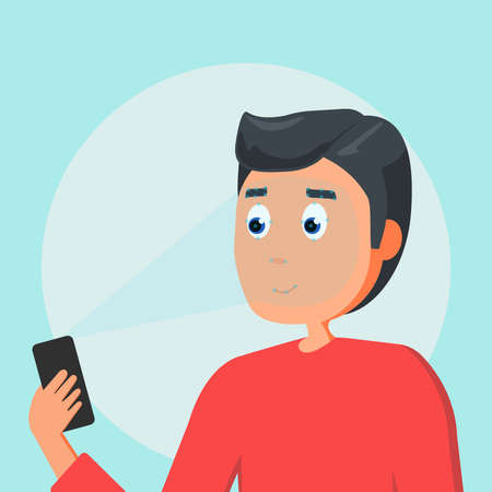 Face identification concept. Young man holds smartphone in his hand for getting access to device via face recognition technology. Vector illustrationのイラスト素材