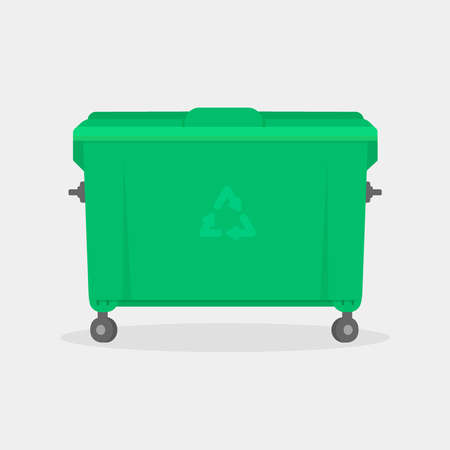 Garbage container. Green trash vector illustration isolated on white background with shadow. Trash recycling conceptのイラスト素材