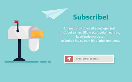Subscribe for newsletter concept with mailbox, email subscription form, and text. UI UX design. Paper airplane icon.のイラスト素材