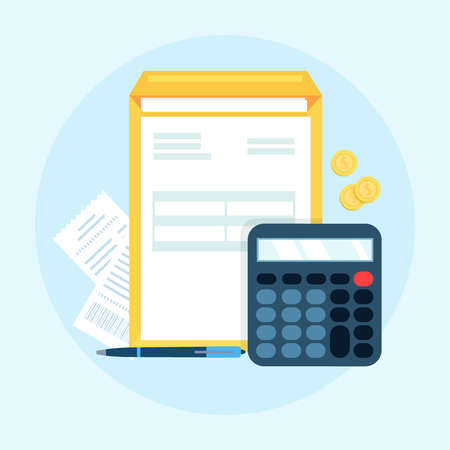 Accounting, bookkeeping, check financial statements, corporate paperwork concept isolated on the blue background. Graphic for websites, web banners, etc. Top view. Vector illustrationのイラスト素材