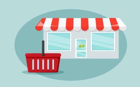 Shopping concept on the blue background. Shop entrence with red busket for purchase. Vector illustrationのイラスト素材