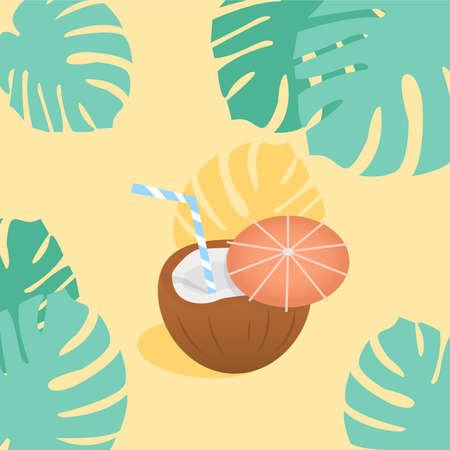 Coconut cocktail with small umbrella, hibiscus flowers and palm leaves banner. Place for your text. Invitation, banner, card, poster, flyer. Summer vibesのイラスト素材