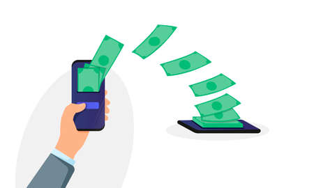 People sending and receiving money wireless with their mobile phones. Hand holding mobile phone and making money transferのイラスト素材