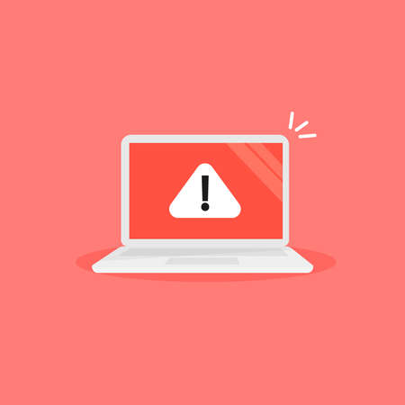 Laptop alert on the red screen and white triangle on the red background