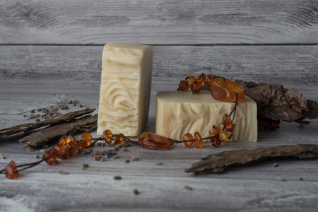 Handmade soap photo series. White soap with amberの写真素材