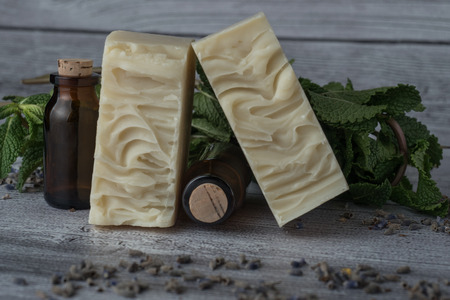 Handmade soap photo series. White soap with mint.の写真素材