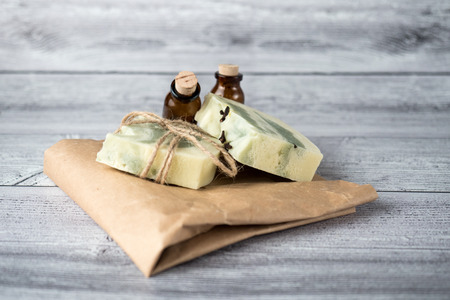 White-green handmade soap photo set on light backgroundの写真素材