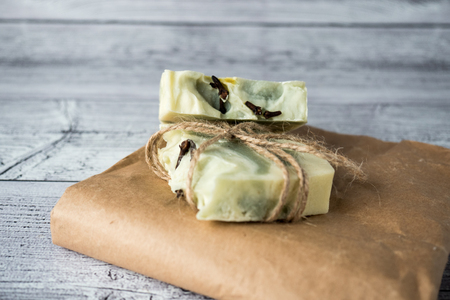 White-green handmade soap photo set on light backgroundの写真素材