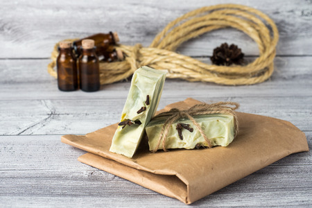 White-green handmade soap photo set on light backgroundの写真素材