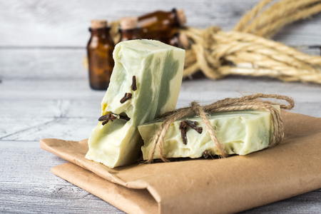 White-green handmade soap photo set on light backgroundの写真素材