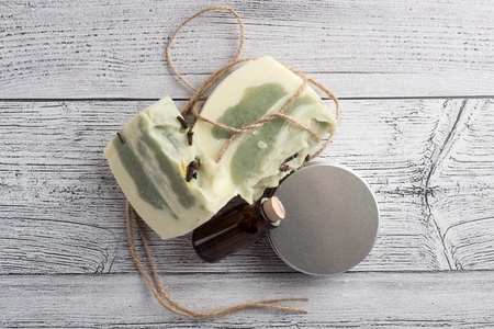 White-green handmade soap photo set on light backgroundの写真素材