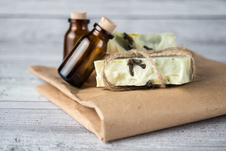 White-green handmade soap photo set on light backgroundの写真素材