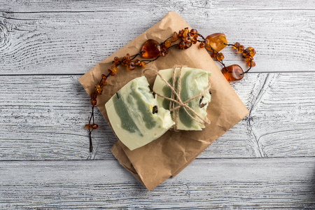 White-green handmade soap photo set on light backgroundの写真素材