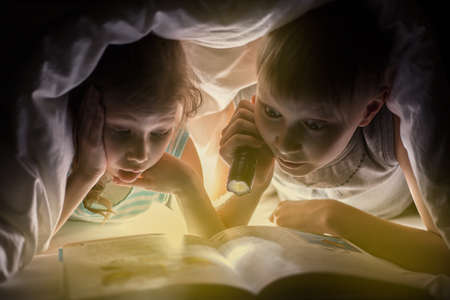Children bedtime. Sister and brother are reading a book under a blanket with flashlight. Pretty young boy and lovely girl having fun in children room.の写真素材