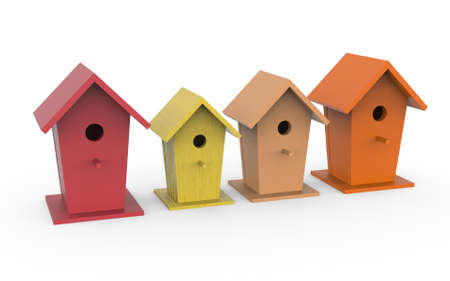 Four colorful birdhouses, 3d render. Bird boxes isolated on a white background.の写真素材