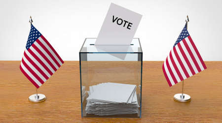 Voting box and american flags on a wood table, 3d render. Presidential election in USA, vote...