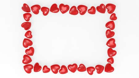 The frame of red hearts on a white background 3d. Happy Valentine's day concept with copy space.