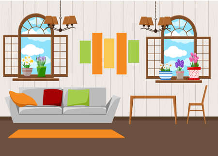 Beautiful design elements, illustration of living room furniture in mid century modern styleのイラスト素材