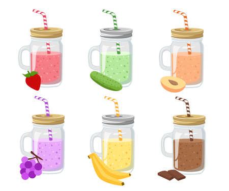 Collection of ten healthy fruit smoothies in flat style. Fresh juice for healthy life. Menu element for cafe or restaurant. Set of summer fresh smoothies in mason jar and detox water.のイラスト素材