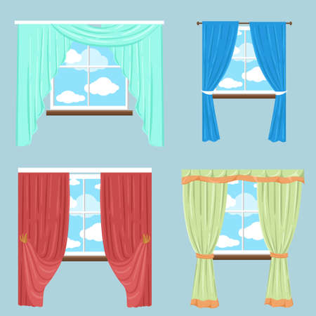 Curtains drapery shades blinds.Vector collection of various window treatments Flat style. Background for use in design, web site, packing, textile, fabric decorative elements for interior.のイラスト素材