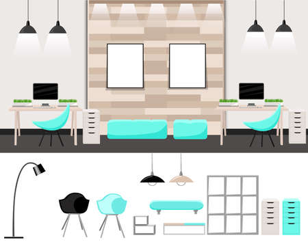 Working Place Modern Office Interior Flat Design Vector Illustration Computer desk workplace concept Workplace concept. Modern home office.のイラスト素材
