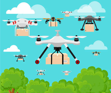 Hand draw vector illustration aerial vehicle quadrocopter. Air drone hovering. Drone sketch.のイラスト素材