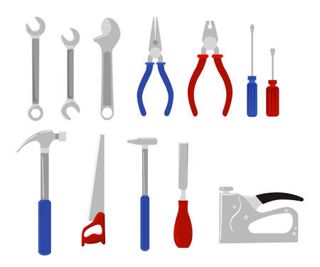 Repair and construction working tools.Tools for carpentry and home renovation hanging on a pegboardのイラスト素材