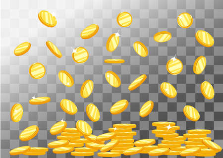 Vector Illustration of flying golden coins. Vector background with falling golden coins. Flat coins stack. Money icons.のイラスト素材